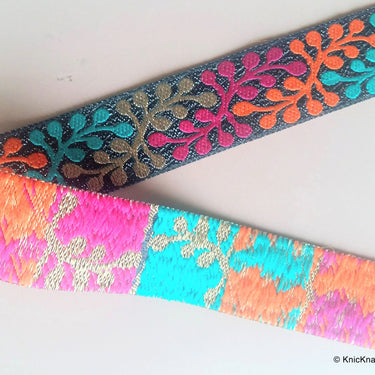 Shimmer Black Fabric Trim With Orange, Gold, Green And Fuchsia Thread Embroidery - 200317L278